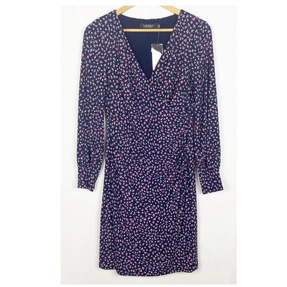 Lauren Ralph Lauren Faux Wrap Dress Sydnie Blue Pink Floral KnitJersey Size 8 - Picture 11 of 11